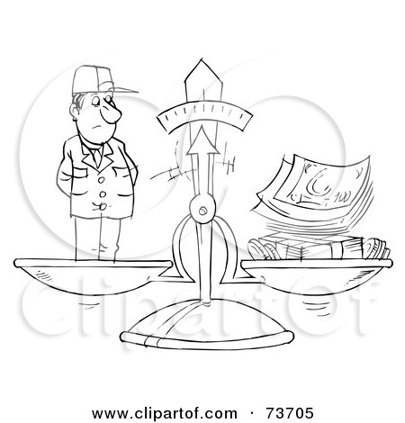 Royalty-Free (RF) Clipart Illustration of a Black And White Outline Of A Man And Cash Balanced On A Scale by Alex Bannykh