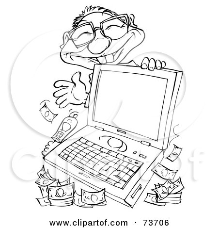 Royalty-Free (RF) Clipart Illustration of a Grinning Businessman Behind A Computer With Money by Alex Bannykh