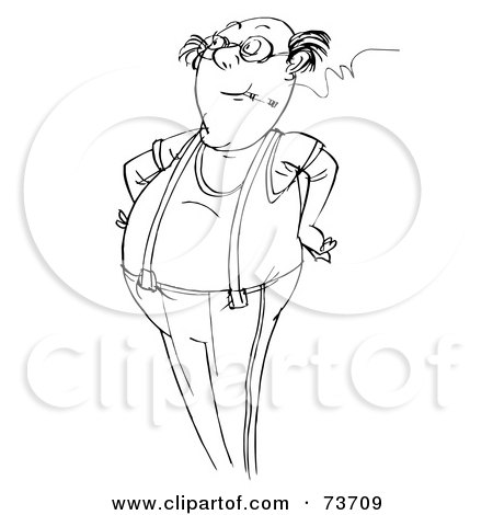 Royalty-Free (RF) Clipart Illustration of a Black And White Outline Of A Man Wearing Suspenders And Smoking by Alex Bannykh