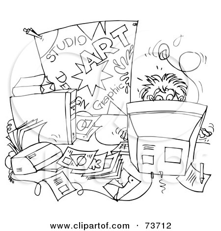 Royalty-Free (RF) Clipart Illustration of a Black And White Outline Of A Student Behind A Messy Desk by Alex Bannykh