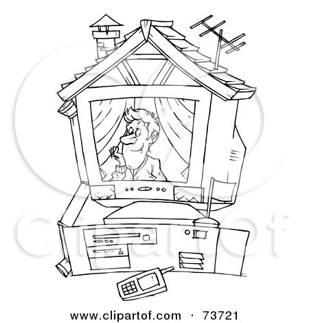 Royalty-Free (RF) Clipart Illustration of a Black And White Outline Of A Man In A Computer House by Alex Bannykh
