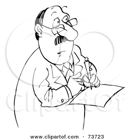Royalty-Free (RF) Clipart Illustration of a Black And White Outline Of A Businessman Signing A Contract by Alex Bannykh