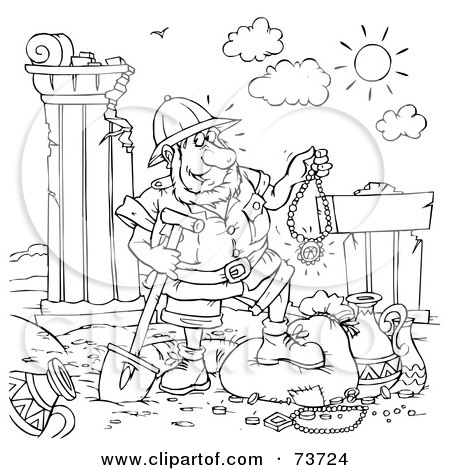 Royalty-Free (RF) Clipart Illustration of a Black And White Outline Of A Male Archaeologist Discovering Jewelry And Pottery by Alex Bannykh