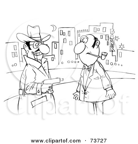 Royalty-Free (RF) Clipart Illustration of a Black And White Outline Of A Man Pointing A Gun At Another by Alex Bannykh