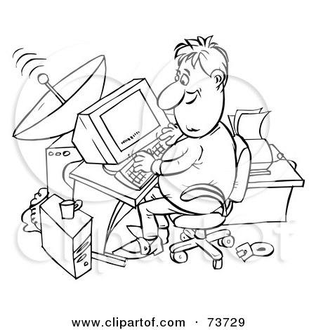 Royalty-Free (RF) Clipart Illustration of a Black And White Outline Of A Man Using A Satellite Computer by Alex Bannykh