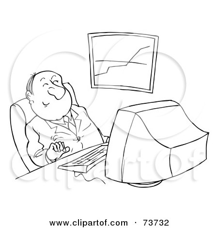 Royalty-Free (RF) Clipart Illustration of a Black And White Outline Of A Happy Boss At A Computer by Alex Bannykh