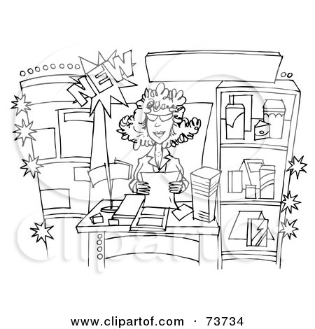 Royalty-Free (RF) Clipart Illustration of a Black And White Outline Of A Happy Lady Working by Alex Bannykh