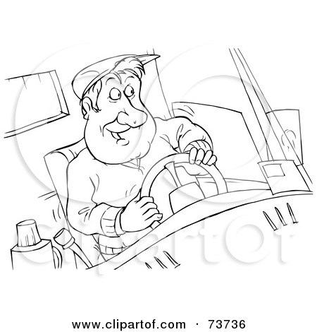 Royalty-Free (RF) Clipart Illustration of a Black And White Outline Of A Truck Driver Behind The Wheel by Alex Bannykh