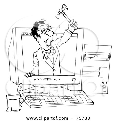 Royalty-Free (RF) Clipart Illustration of a Black And White Outline Of An Auctioneer In A Computer by Alex Bannykh