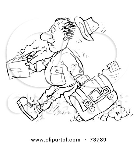 Royalty-Free (RF) Clipart Illustration of a Black And White Outline Of A Man Carrying A Flaming Document by Alex Bannykh