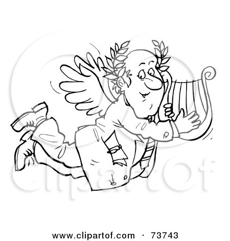 Royalty-Free (RF) Clipart Illustration of a Black And White Outline Of A Businessman Angel With A Lyre by Alex Bannykh