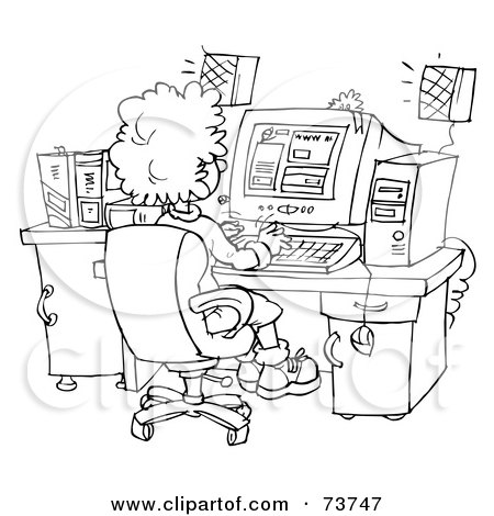 Royalty-Free (RF) Clipart Illustration of a Black And White Outline Of A Woman On A Computer by Alex Bannykh