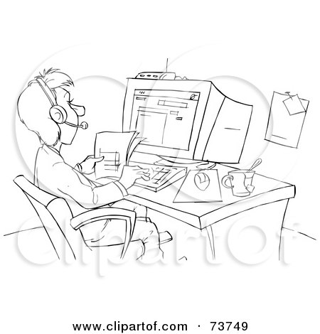 Royalty-Free (RF) Clipart Illustration of a Black And White Outline Of A Business Man Wearing A Headset And Using A Computer by Alex Bannykh