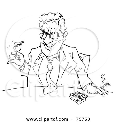 Royalty-Free (RF) Clipart Illustration of a Black And White Outline Of A Man With Alcohol And Cigarettes by Alex Bannykh