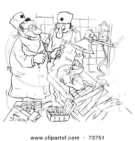 Royalty-Free (RF) Clipart Illustration of a Black And White Outline Of A Scared Patient On The Surgeon's Table by Alex Bannykh
