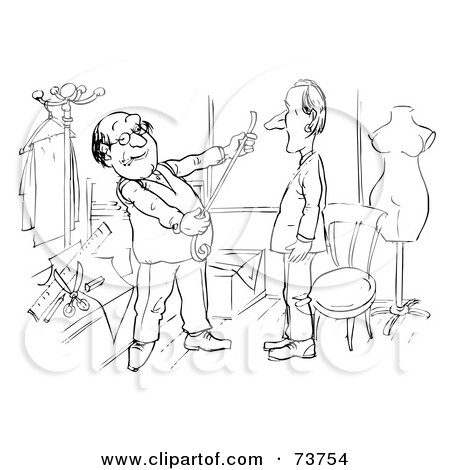 Royalty-Free (RF) Clip Art Illustration of a Black And White Outline Of A Tailor Measuring A Man by Alex Bannykh