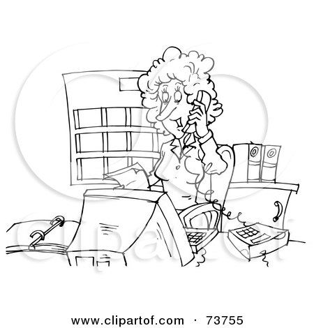 Royalty-Free (RF) Clipart Illustration of a Black And White Outline Of A Female Secretary by Alex Bannykh