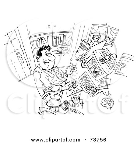 Royalty-Free (RF) Clipart Illustration of a Black And White Outline Of A Happy Businessman At Work by Alex Bannykh