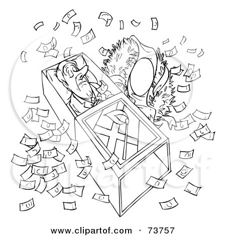 Royalty-Free (RF) Clipart Illustration of a Black And White Outline Of A Man In A Coffin Surrounded By Money by Alex Bannykh