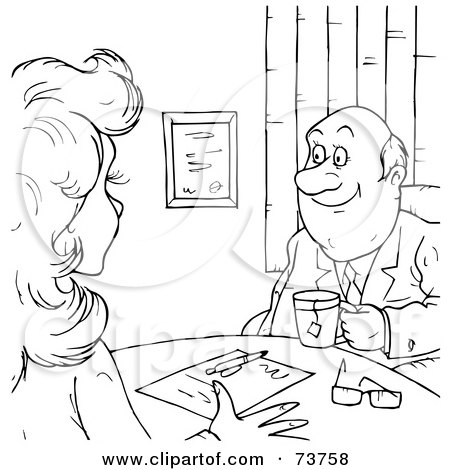 Royalty-Free (RF) Clipart Illustration of a Black And White Outline Of A Man And Woman In A Business Meeting by Alex Bannykh