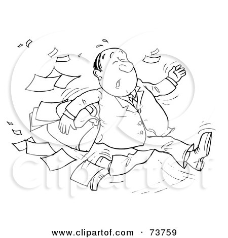 Royalty-Free (RF) Clipart Illustration of a Black And White Outline Of A Running Businessman Dropping Papers by Alex Bannykh