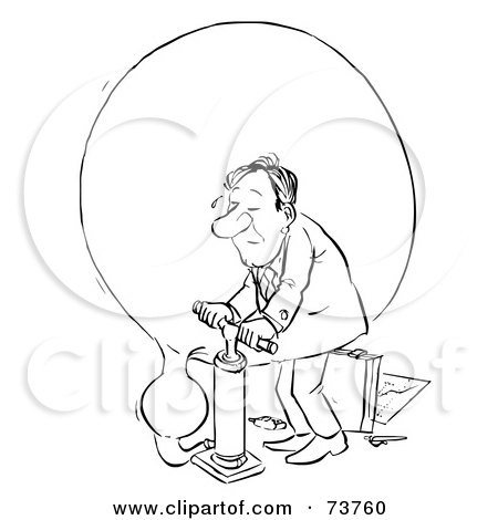Royalty-Free (RF) Clipart Illustration of a Black And White Outline Of A Man Pumping Up A Balloon by Alex Bannykh