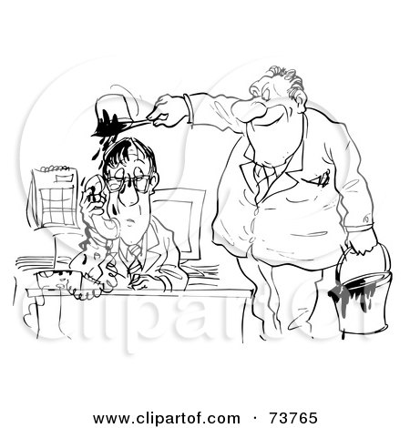 Royalty-Free (RF) Clipart Illustration of a Black And White Outline Of A Boss Pouring Tar Over An Employee by Alex Bannykh