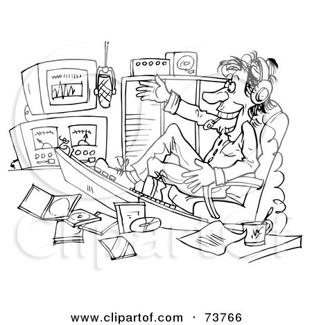Royalty-Free (RF) Clipart Illustration of a Black And White Outline Of A Radio Personality At Work by Alex Bannykh