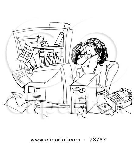 Royalty-Free (RF) Clipart Illustration of a Black And White Outline Of A Businesswoman At Her Busy Desk by Alex Bannykh