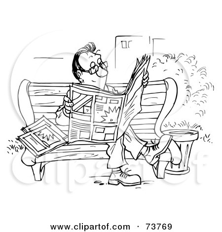 Royalty-Free (RF) Clipart Illustration of a Black And White Outline Of A Man Reading The News On A Bench by Alex Bannykh