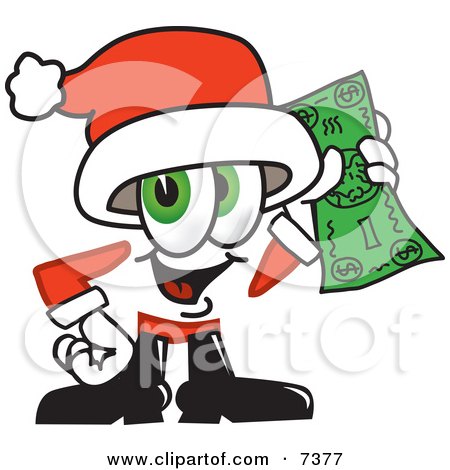 Clipart Picture of a Santa Claus Mascot Cartoon Character Holding a Dollar Bill by Mascot Junction