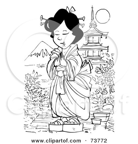 Royalty-Free (RF) Clipart Illustration of a Black And White Outline Of A Geisha In A Garden by Alex Bannykh
