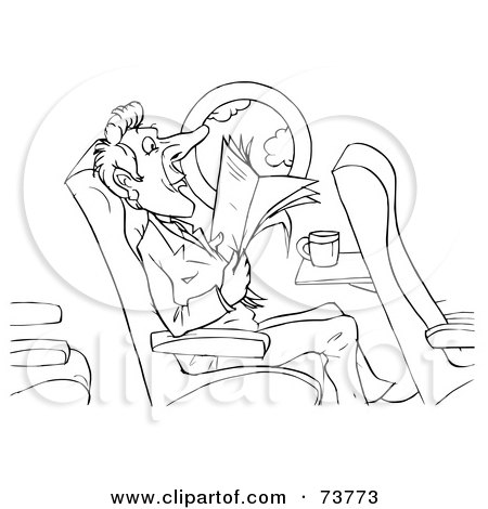 Royalty-Free (RF) Clipart Illustration of a Black And White Outline Of A Man Reading During Flight by Alex Bannykh