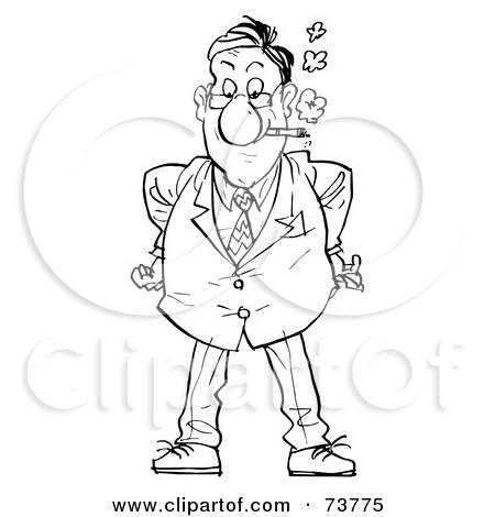 Royalty-Free (RF) Clipart Illustration of a Black And White Outline Of A Stern Businessman Smoking by Alex Bannykh