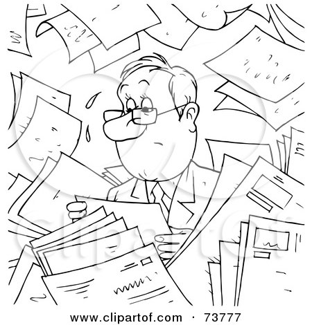 Royalty-Free (RF) Clipart Illustration of a Black And White Outline Of A Nervous Businessman Surrounded By Papers by Alex Bannykh