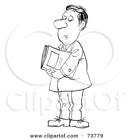Royalty-Free (RF) Clipart Illustration of a Black And White Outline Of A Man Holding Paperwork by Alex Bannykh