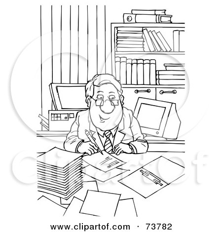 Royalty-Free (RF) Clipart Illustration of a Black And White Outline Of A Businessman Signing Papers by Alex Bannykh