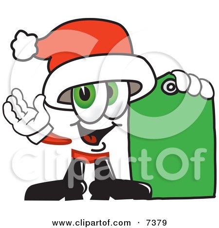Clipart Picture of a Santa Claus Mascot Cartoon Character Holding a Yellow Sales Price Tag by Mascot Junction
