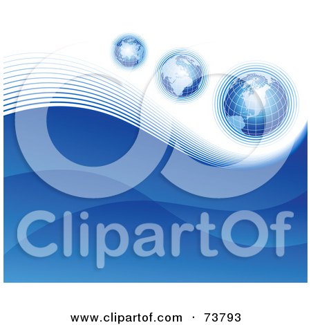Royalty-Free (RF) Clipart Illustration of a Blue Business Background Of Three Globes Over Blue Waves by elena