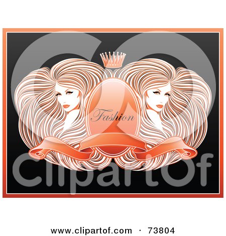 Royalty-Free (RF) Clipart Illustration of Two Gorgeous Women With Long Straight Hair, Around A Crest With A Banner And Crown With Fashion Text by elena