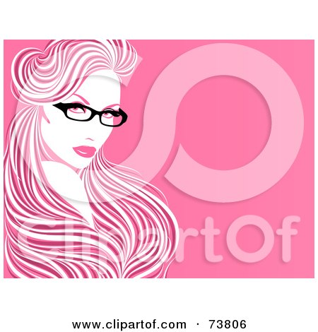 Royalty-Free (RF) Clipart Illustration of a Beautiful Pink And White Woman Wearing Glasses, With Her Long Hair Flowing Around Her Face With Text Space over Pink by elena