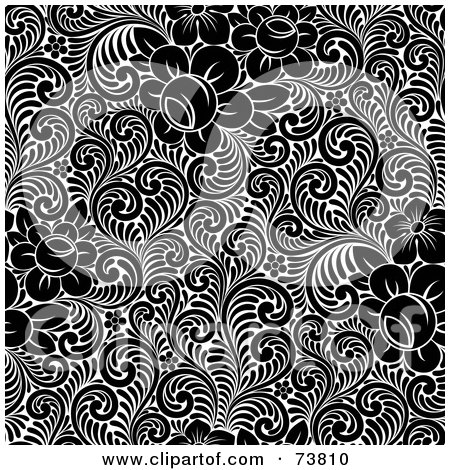 Royalty-Free (RF) Clipart Illustration of a Seamless Background Of Black And White Flowers And Leaves by elena