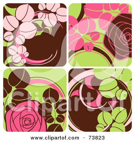 Royalty-Free (RF) Clipart Illustration of a Brown, Green And Pink Tiled Background With Flowers by elena