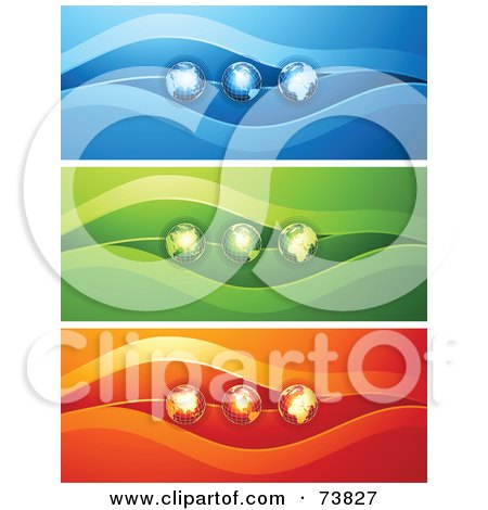 Royalty-Free (RF) Clipart Illustration of a Digital Collage Of Three Blue, Green And Red Globe Banners by elena