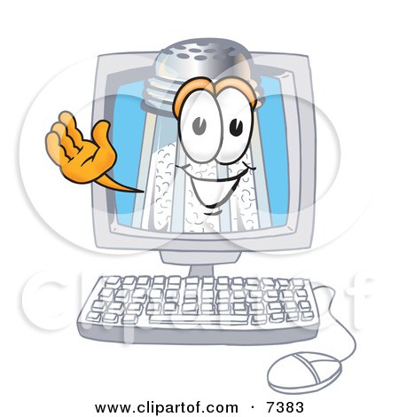 Clipart Picture of a Salt Shaker Mascot Cartoon Character Waving From Inside a Computer Screen by Mascot Junction