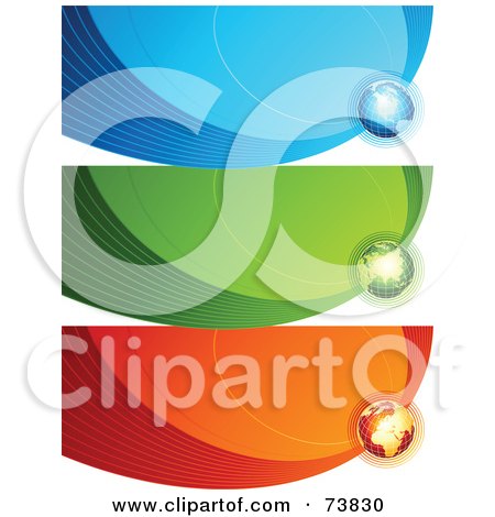 Royalty-Free (RF) Clipart Illustration of a Digital Collage Of Three Blue, Green And Red Communication Wave Globe Banners by elena