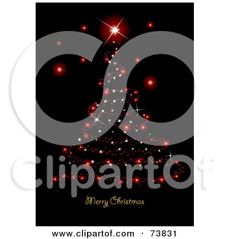Royalty-Free (RF) Clipart Illustration of a Red Sparkle Christmas Tree And Merry Christmas Greeting On Black by MilsiArt