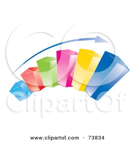 Royalty-Free (RF) Clipart Illustration of a Blue Arrow Over A Curved 3d Colorful Bar Graph by MilsiArt
