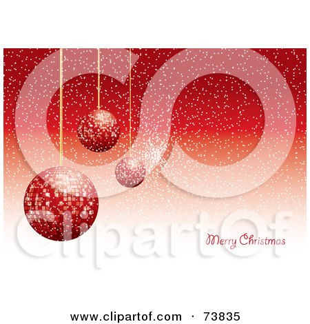 Royalty-Free (RF) Clipart Illustration of a Merry Christmas Greeting With Sparkly Red Ornaments And Snow On Red by MilsiArt