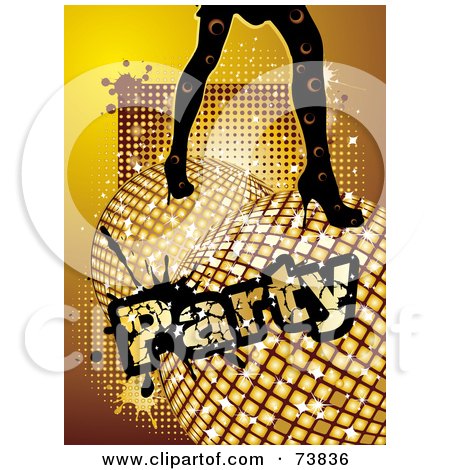Royalty-Free (RF) Clipart Illustration of a Woman's Legs Dancing On Gold Disco Balls, With Grunge Party Text by MilsiArt